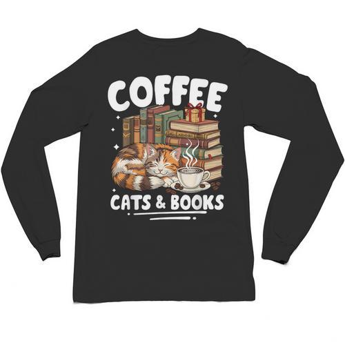 Coffee Cats And Books Cats And Reading Lovers Unisex Long Sleeve T-Shirt - Bookorys DE