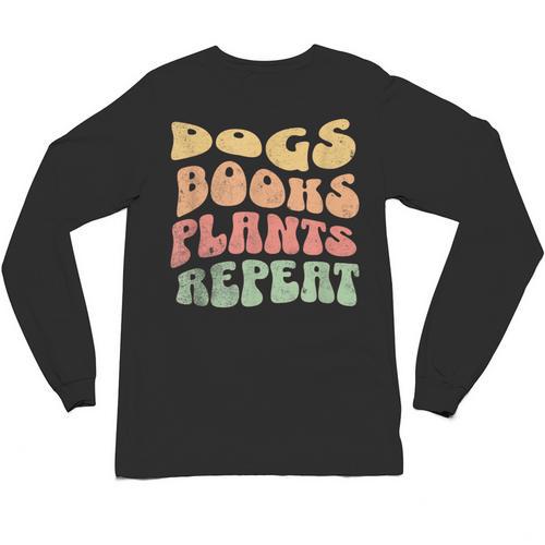 Colorful Dogs Books Plants Repeat Unisex Long Sleeve T-Shirt - Bookorys CA
