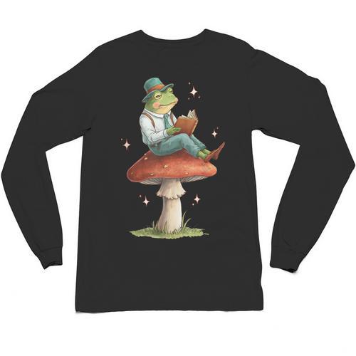 Cottagecore Aesthetic Frog Reading Book On Mushroom Vintage Unisex Long Sleeve T-Shirt - Bookorys DE