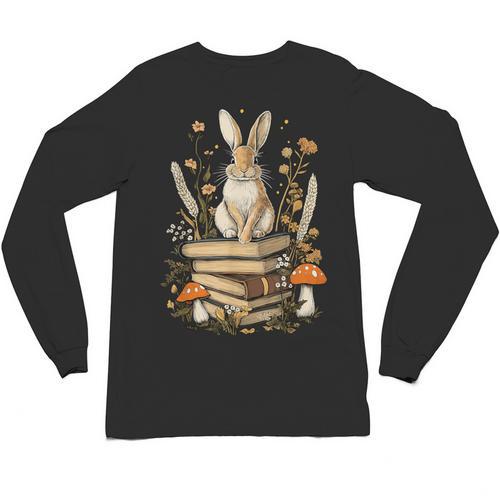Cottagecore Aesthetic Rabbit Reading Book Lover Women Art Unisex Long Sleeve T-Shirt - Bookorys