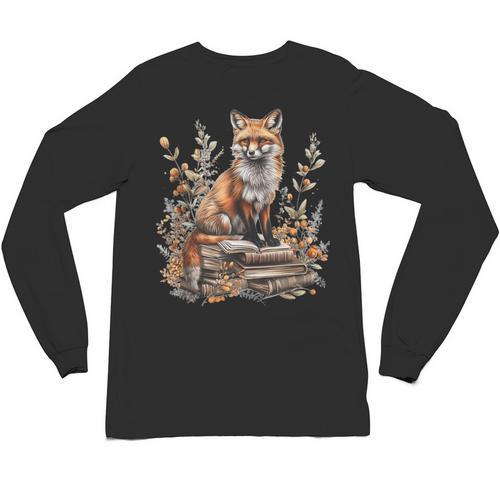 Cottagecore Minimalist Floral Fox With Book Cute Goblincore Unisex Long Sleeve T-Shirt - Bookorys CA