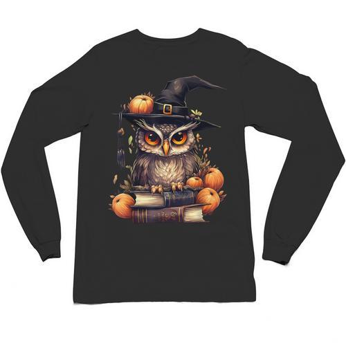 Cottagecore Owl Witch Hat On Book Pumpkin Halloween Costume Unisex Long Sleeve T-Shirt - Bookorys DE