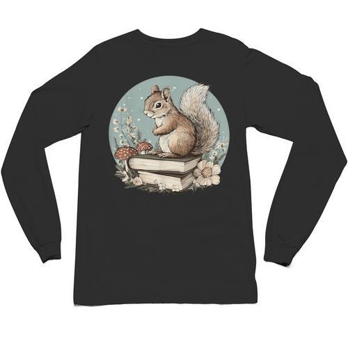 Cottagecore Squirrel With Books Unisex Long Sleeve T-Shirt - Bookorys UK