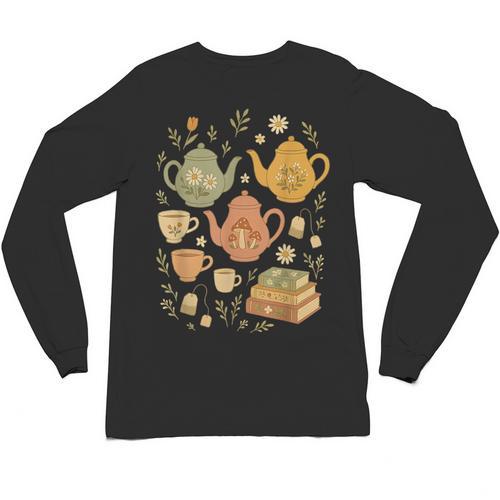 Cottagecore Whimsical Elements Teapots Books Unisex Long Sleeve T-Shirt - Bookorys AU