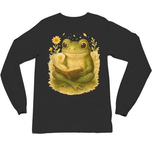 Cottagecore Whimsical Green Frog Peacefully Reading Book Unisex Long Sleeve T-Shirt - Bookorys