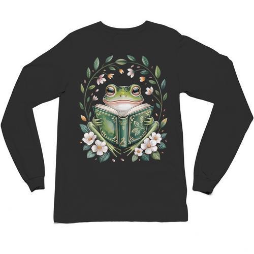 Cottagecore Whimsical Green Frog Read A Book Nature Flowers Unisex Long Sleeve T-Shirt - Bookorys AU