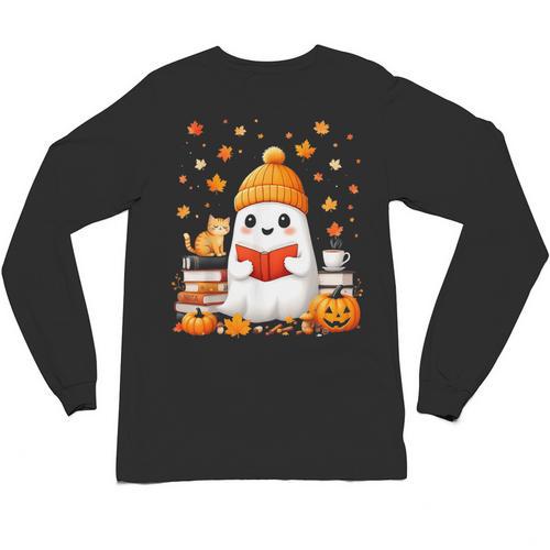 Cute Beanie Ghost Bookworm Cozy Book Reading Halloween Unisex Long Sleeve T-Shirt - Bookorys