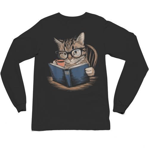 Cute Cat Reading Books With Tea Unisex Long Sleeve T-Shirt - Bookorys AU