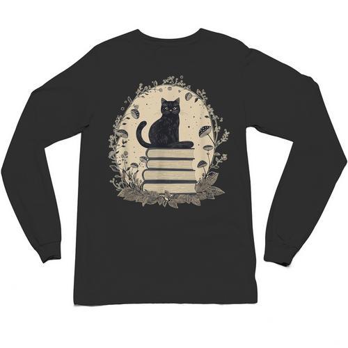 Cute Cat Sitting On Books With Mushrooms Cottage Core Unisex Long Sleeve T-Shirt - Bookorys AU