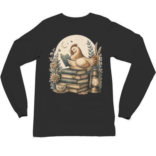Cute Cottagecore Aesthetic Chicken Reading Book Nerd Unisex Long Sleeve T-Shirt - Bookorys UK