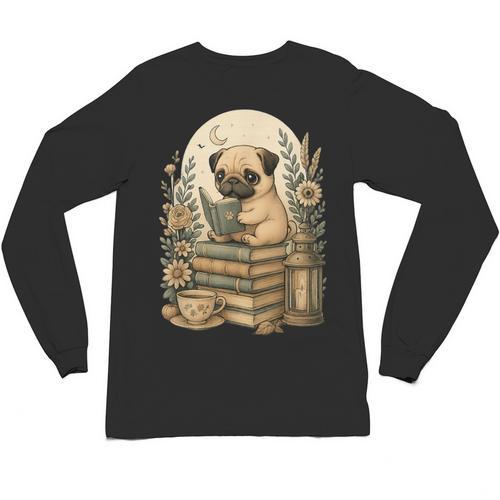 Cute Cottagecore Aesthetic Dog Pug Reading Book Nerd Unisex Long Sleeve T-Shirt - Bookorys UK