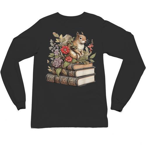 Cute Cottagecore Aesthetic Squirrel With Flowers Books Unisex Long Sleeve T-Shirt - Bookorys AU
