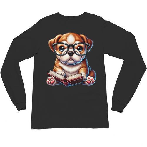 Cute Dog Puppy English Bulldog Reading Book Unisex Long Sleeve T-Shirt - Bookorys UK