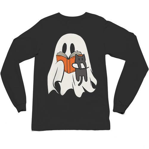 Cute Ghost Cat Reading Book Spooky Season Halloween Costume Unisex Long Sleeve T-Shirt - Bookorys