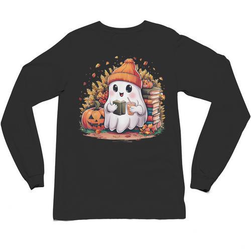 Cute Ghost Drinking Coffee Halloween Reading Book Retro Unisex Long Sleeve T-Shirt - Bookorys UK