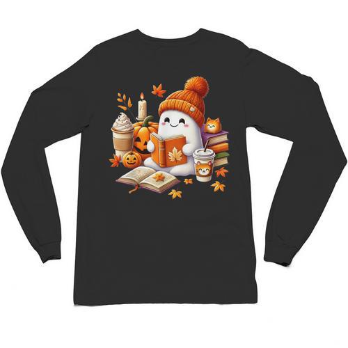 Cute Ghost Reading Book Lovers Halloween Pumpkin Women Girls Unisex Long Sleeve T-Shirt - Bookorys UK