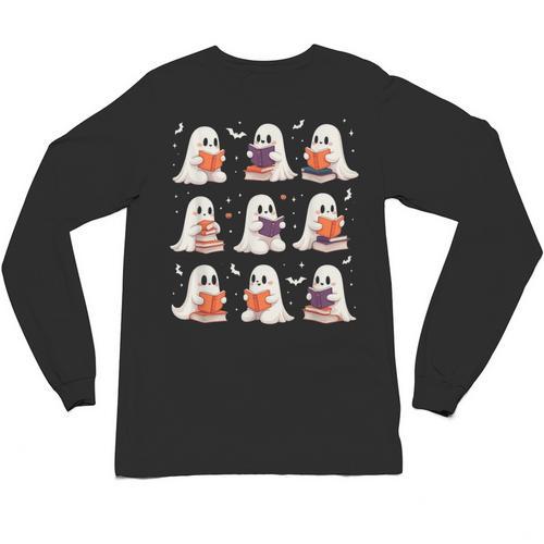 Cute Ghost Reading Book Lovers Halloween Ghost Unisex Long Sleeve T-Shirt - Bookorys AU