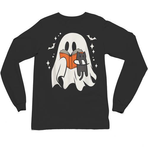 Cute Ghost Reading Book Spooky Season Halloween Costume Kids Unisex Long Sleeve T-Shirt - Bookorys