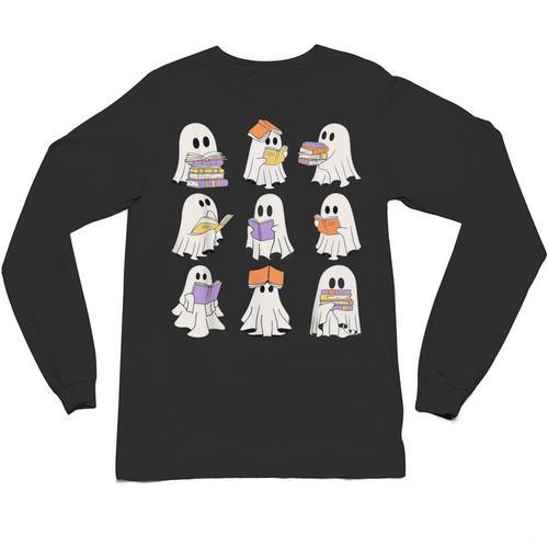 Cute Ghost Reading Books Teacher Halloween Reading Men Women Kids Unisex Long Sleeve T-Shirt - Bookorys