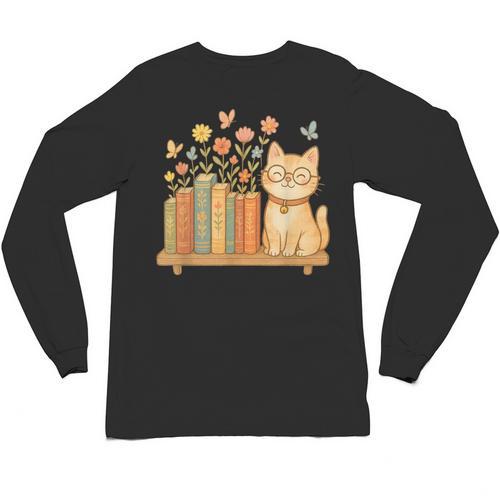 Cute Kawaii Cat Books Flowers Unisex Long Sleeve T-Shirt - Bookorys AU