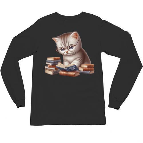 Cute Kitten Bookworm Adorable Cat With Glasses Reading Book Unisex Long Sleeve T-Shirt - Bookorys DE