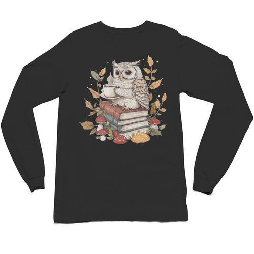Cute Owl Sitting On Books With Coffee Cottage Core Unisex Long Sleeve T-Shirt - Bookorys DE