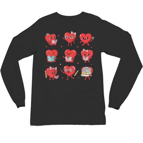 Cute Reading Hearts Valentine Day Book Lover Teacher Student Unisex Long Sleeve T-Shirt - Bookorys UK