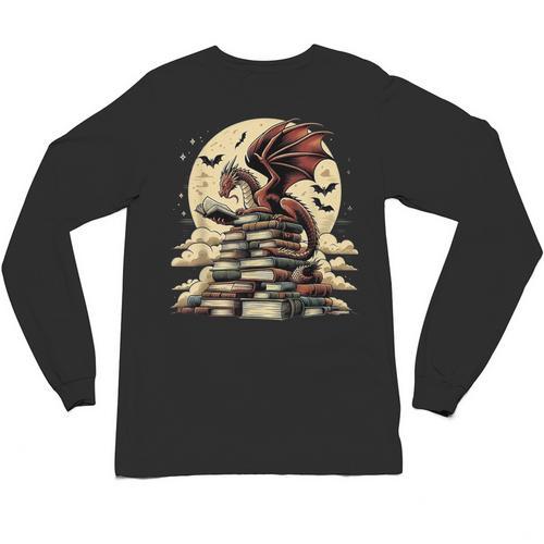 Dragon Reading a Book Dragons And Books Lover Bookworm Unisex Long Sleeve T-Shirt - Bookorys