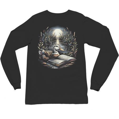Duck Reading Book Full Moon Lake Scenery Unisex Long Sleeve T-Shirt - Bookorys