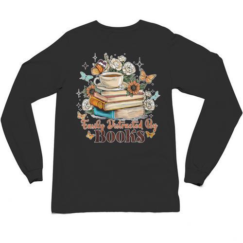Easily Distracted By Books Book Wildflowers Book Lovers Unisex Long Sleeve T-Shirt - Bookorys
