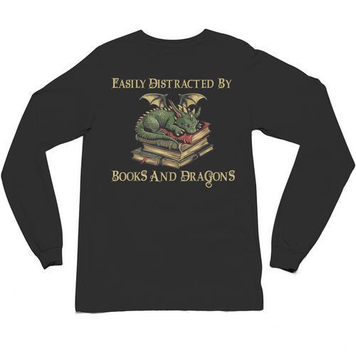 Easily Distracted By Books And Dragons Graphic Unisex Long Sleeve T-Shirt - Bookorys AU
