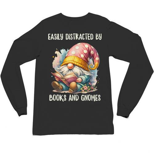 Easily Distracted By Books And Gnomes Book Reading Gnome Unisex Long Sleeve T-Shirt - Bookorys
