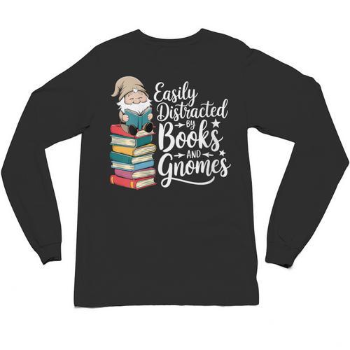 Easily Distracted By Books And Gnomes Unisex Long Sleeve T-Shirt - Bookorys DE