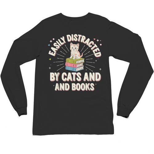 Easily Distracted By Cats & Books Tee Reader Book Worm Unisex Long Sleeve T-Shirt - Bookorys DE