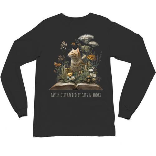 Easily Distracted By Cats And Books Unisex Long Sleeve T-Shirt - Bookorys AU