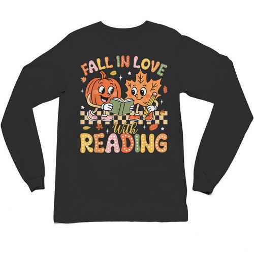 Fall In Love With Reading Autumn Pumpkin Teacher Book Lover Unisex Long Sleeve T-Shirt - Bookorys CA