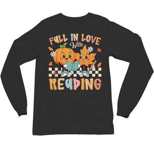 Fall In Love With Reading Thanksgiving Pumpkin Book Lover Unisex Long Sleeve T-Shirt - Bookorys CA
