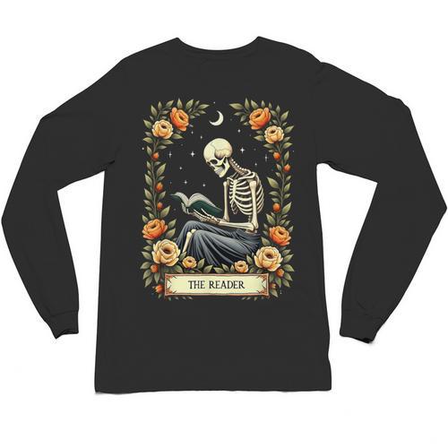 Floral Tarot Card The Reader Skeleton Reading Book Unisex Long Sleeve T-Shirt - Bookorys