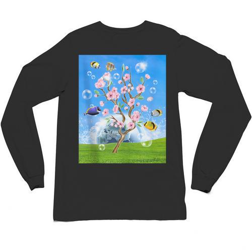 Frutiger Aero Aesthetic Tech Cherry Blossom Fishes Bubbles Unisex Long Sleeve T-Shirt - Figerry