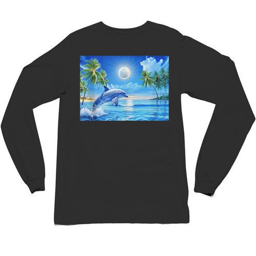 Frutiger Aero Dolphin Sunset Ocean With Palm Trees Y2k Unisex Long Sleeve T-Shirt - Figerry