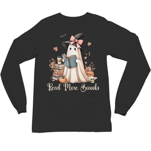 Ghost Reading Book Coquette Bow Halloween Girl Kid Teacher Unisex Long Sleeve T-Shirt - Bookorys