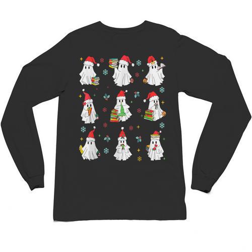 Ghosts Wearing Santa Hats Reading Books Christmas Book Lover Unisex Long Sleeve T-Shirt - Bookorys DE