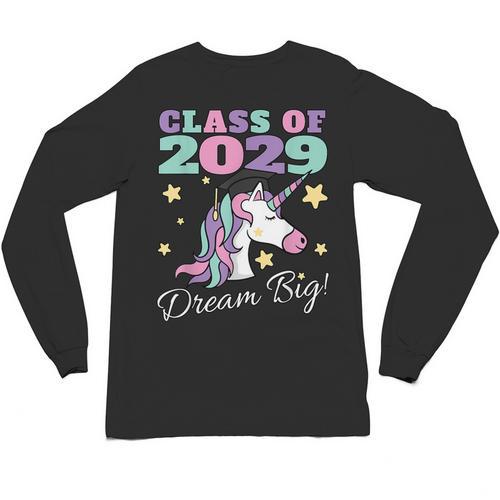 Girls Class Of 2029 Magical Unicorn Graduation Cap Unisex Long Sleeve T-Shirt - Best Gift Smart