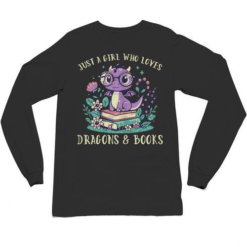 Girls Loves Dragon Books Fantasy Girls Kids Toddler Women Unisex Long Sleeve T-Shirt - Bookorys