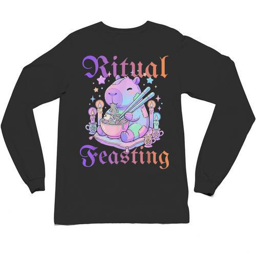 Goth Capybara Ramen Ritual Feasting Soft Introvert Art Unisex Long Sleeve T-Shirt - Raresse
