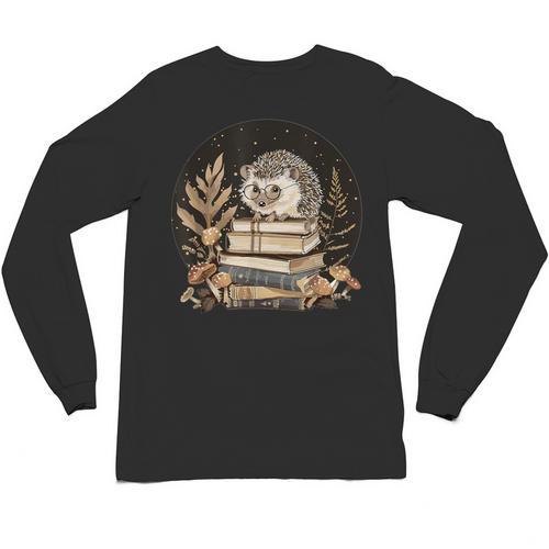 Hedgehog With Books Reading Cottagecore Aesthetics Unisex Long Sleeve T-Shirt - Bookorys CA