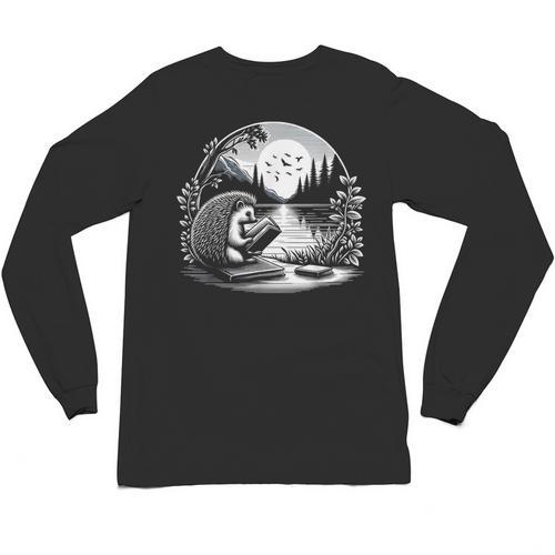 Hedgehog Reading Book Full Moon Lake Scenery Unisex Long Sleeve T-Shirt - Bookorys UK