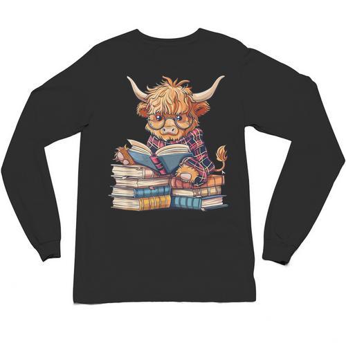 Highland Cow Reading Book Librarian Library Unisex Long Sleeve T-Shirt - Bookorys AU