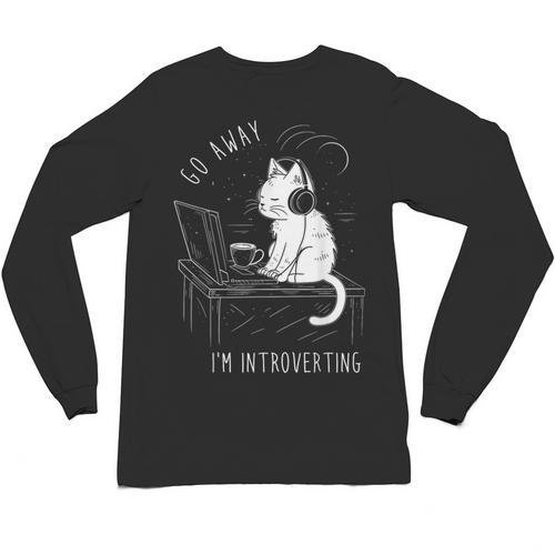 Introvert Cat With Coffee On Computer Antisocial Emo Goth Unisex Long Sleeve T-Shirt - Raresse