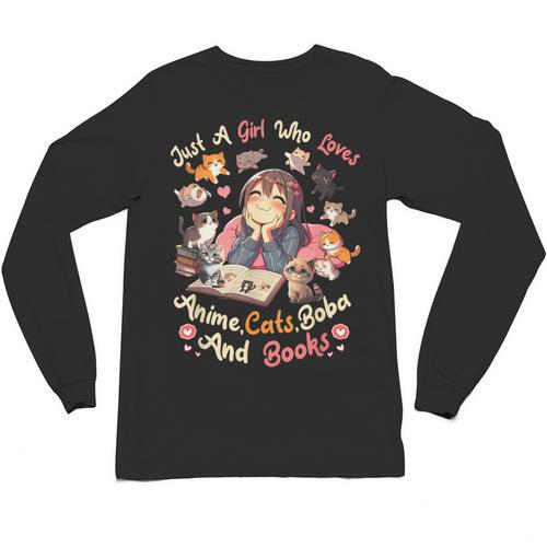 Just Girl Who Loves Anime Cats Boba And Books Bubble Tea Unisex Long Sleeve T-Shirt - Bookorys AU